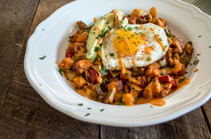 Roasted Veggie Breakfast Bowl with Fried Eggs + Sriracha | Lemons and Basil 