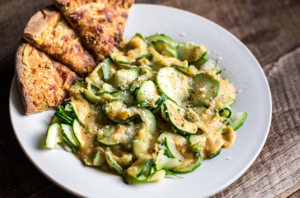 White Bean Creamy Alfredo with Zucchini Pasta | Lemons and Basil