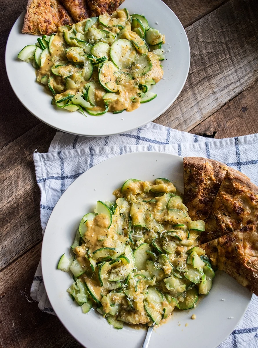 White Bean Creamy Alfredo with Zucchini Pasta | Lemons and Basil