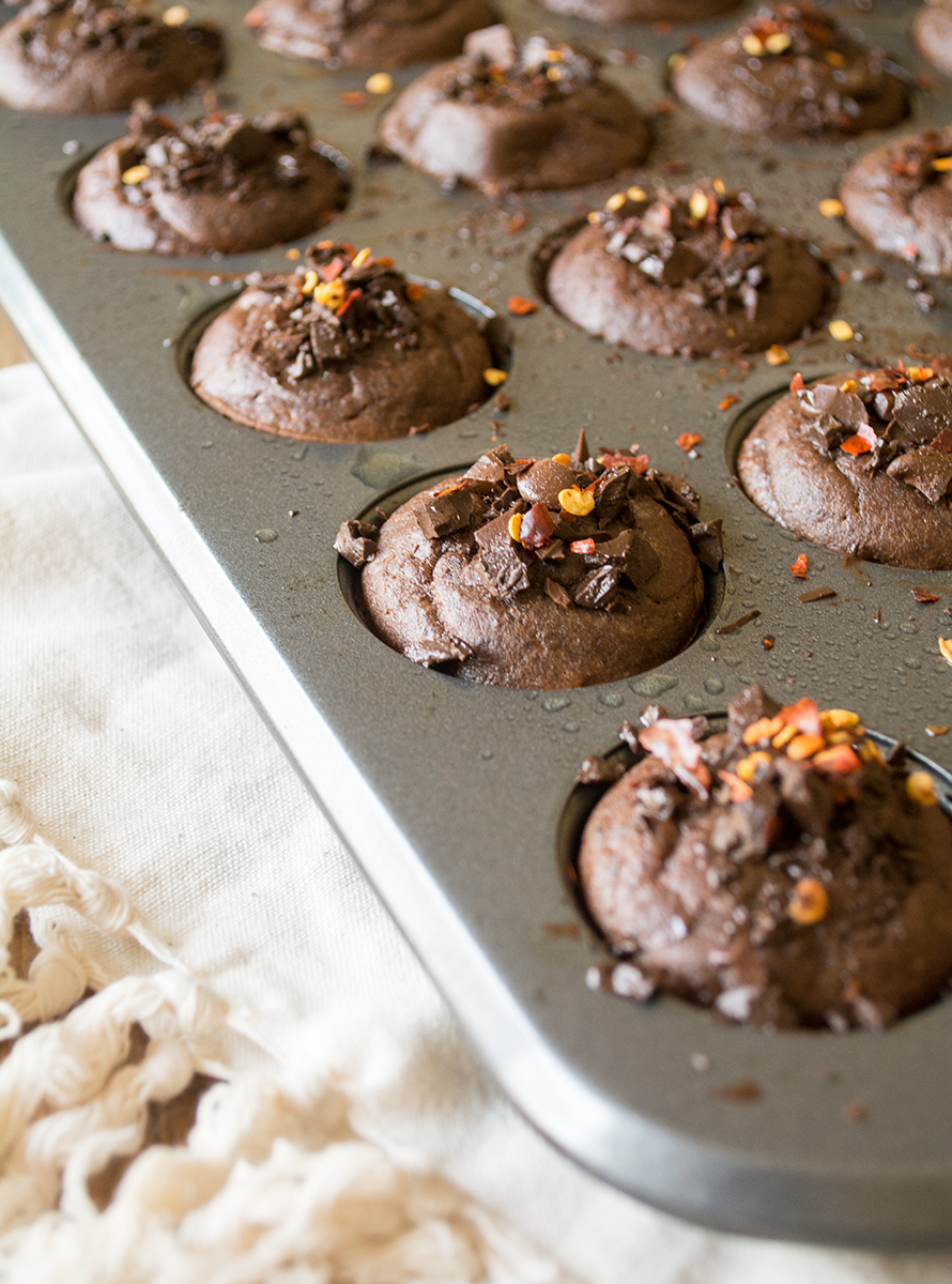 Fudgy Flourless Chocolate Chili Muffins Lemons and Basil