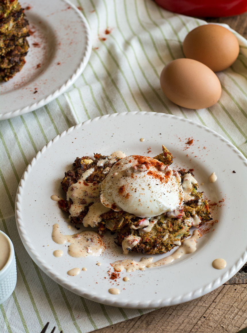 Zucchini Fritters with Poached Eggs Lemons and Basil