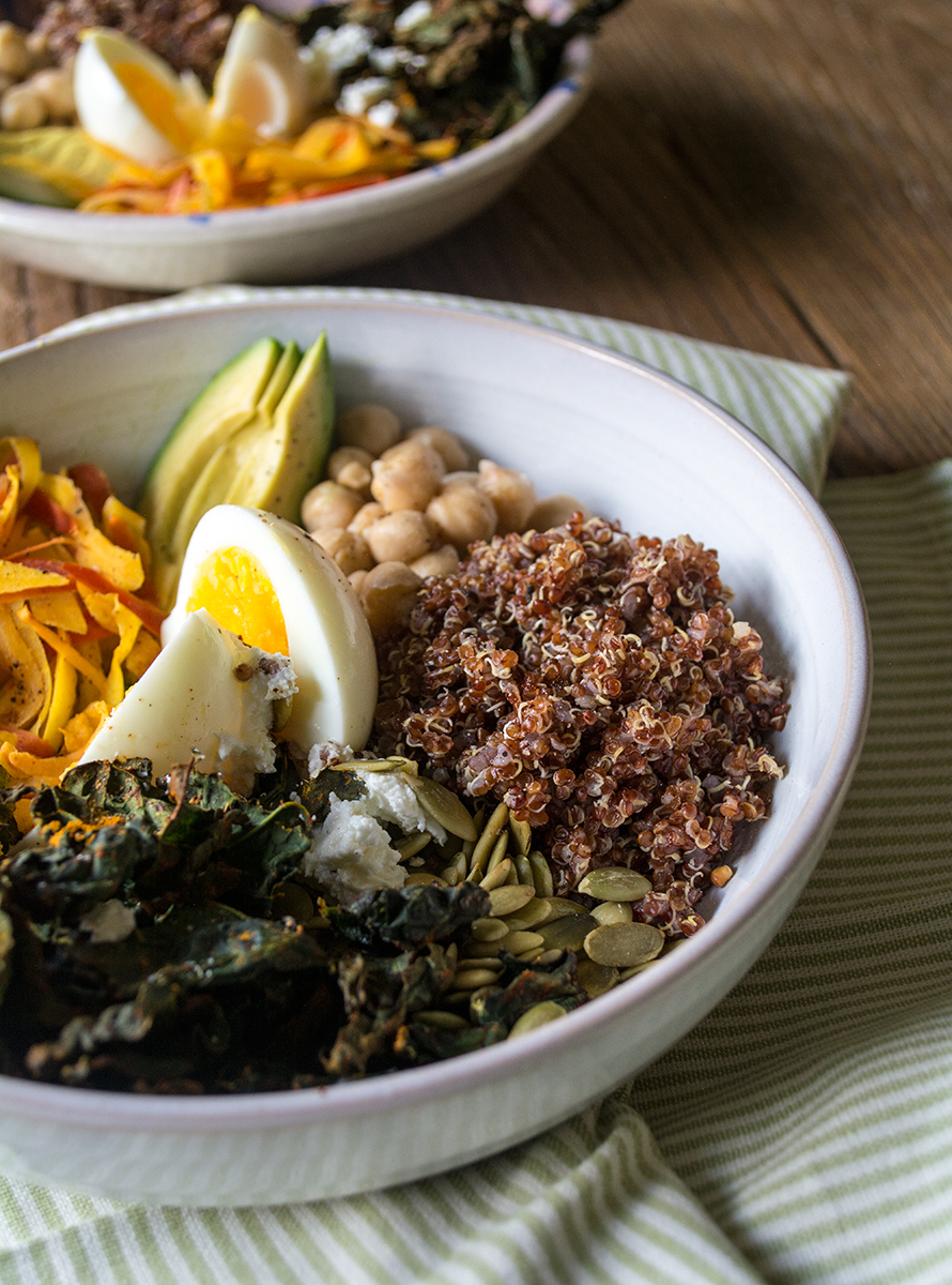 Kale and Quinoa Veggie Bowl with Soft Boiled Egg Lemons and Basil
