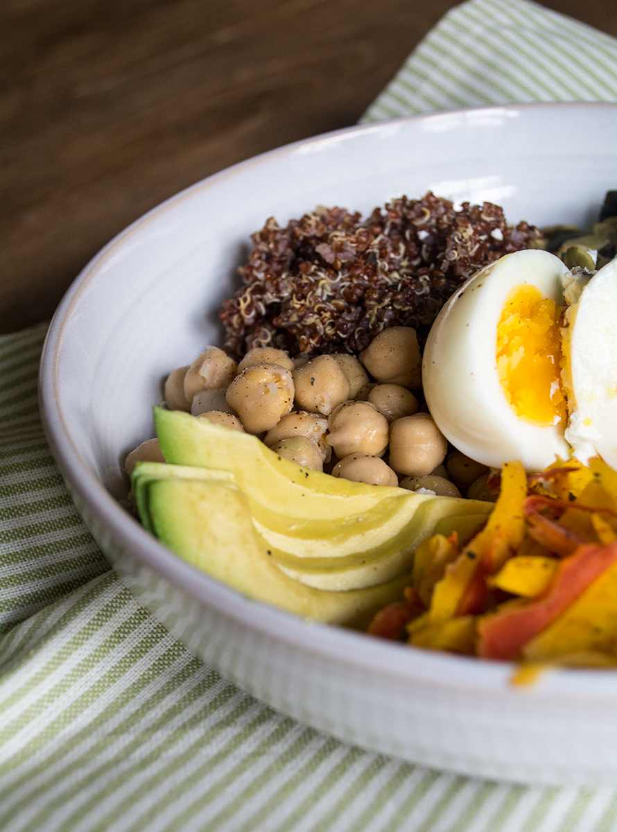 Kale and Quinoa Veggie Bowl with Soft Boiled Egg Lemons and Basil