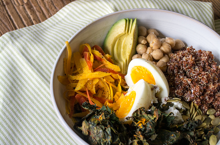 Kale and Quinoa Veggie Bowl with Soft Boiled Egg Lemons and Basil