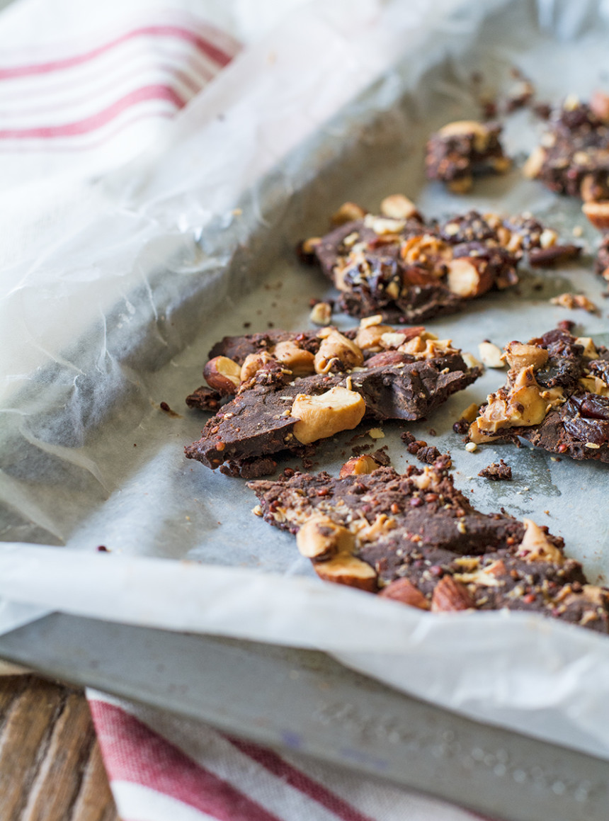 Dark Chocolate Bark with Toasted Quinoa and Nuts Lemons and Basil