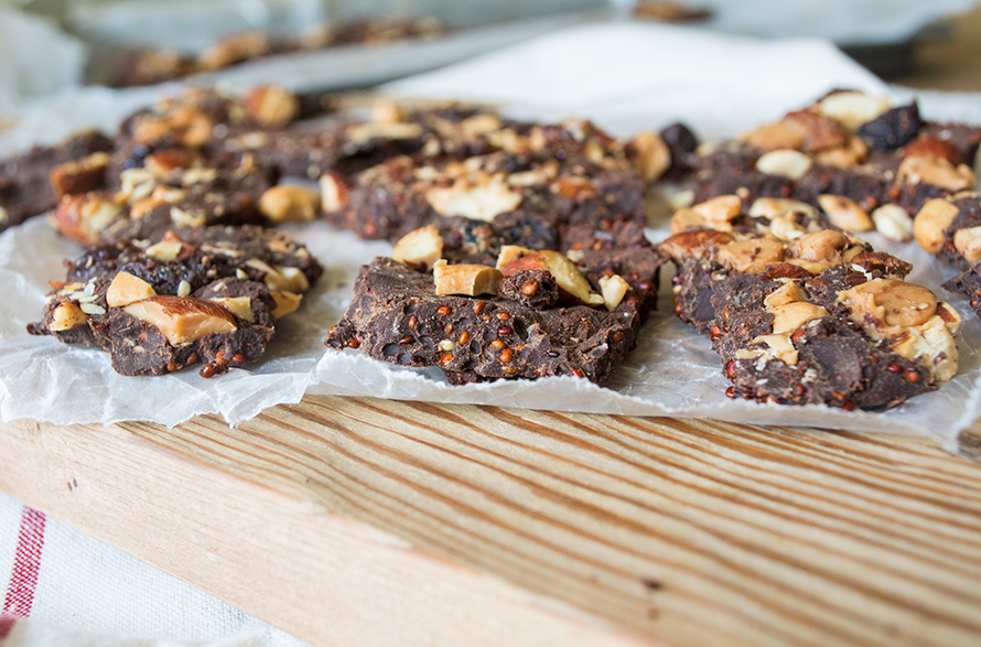 Dark Chocolate Bark with Toasted Quinoa and Nuts Lemons and Basil