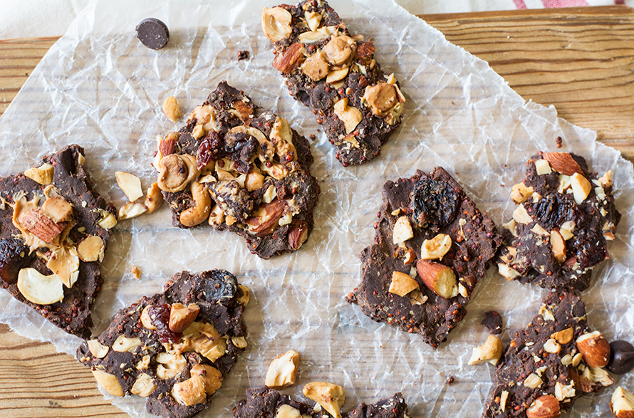Dark Chocolate Bark with Toasted Quinoa and Nuts Lemons and Basil