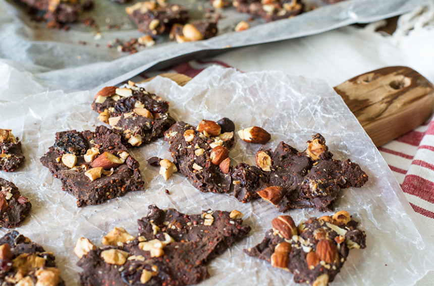 Dark Chocolate Bark with Toasted Quinoa and Nuts Lemons and Basil