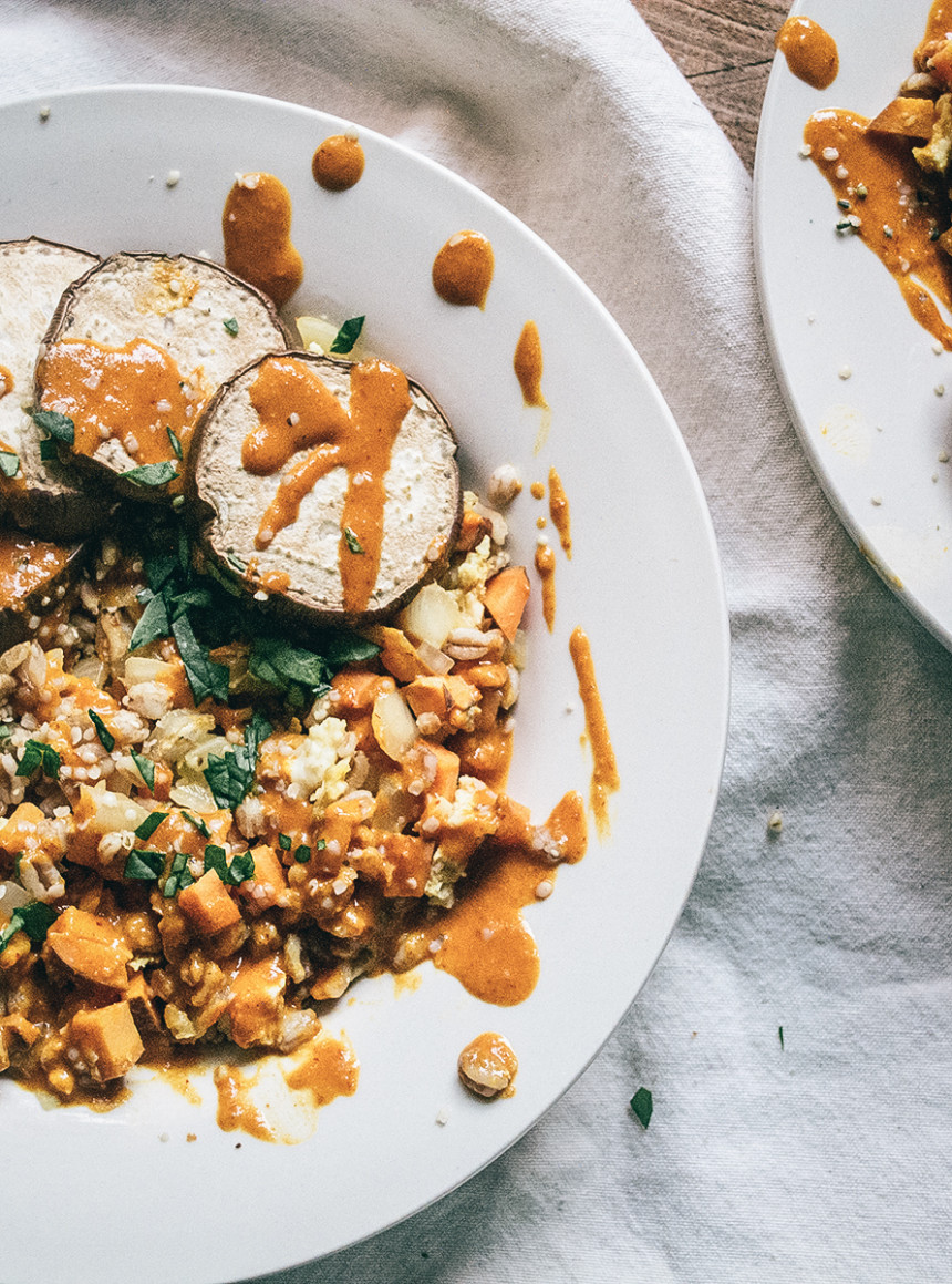 Asian Fried Farro with Roasted Eggplant Lemons and Basil