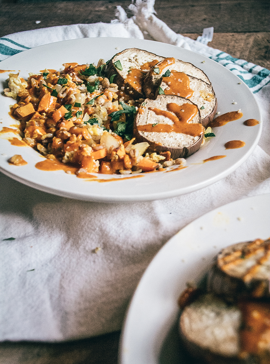 Asian Fried Farro with Roasted Eggplant Lemons and Basil