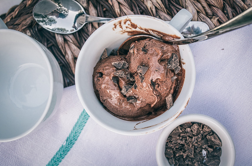 Dark Chocolate Chunk Ice Cream with Cayenne Lemons and Basil