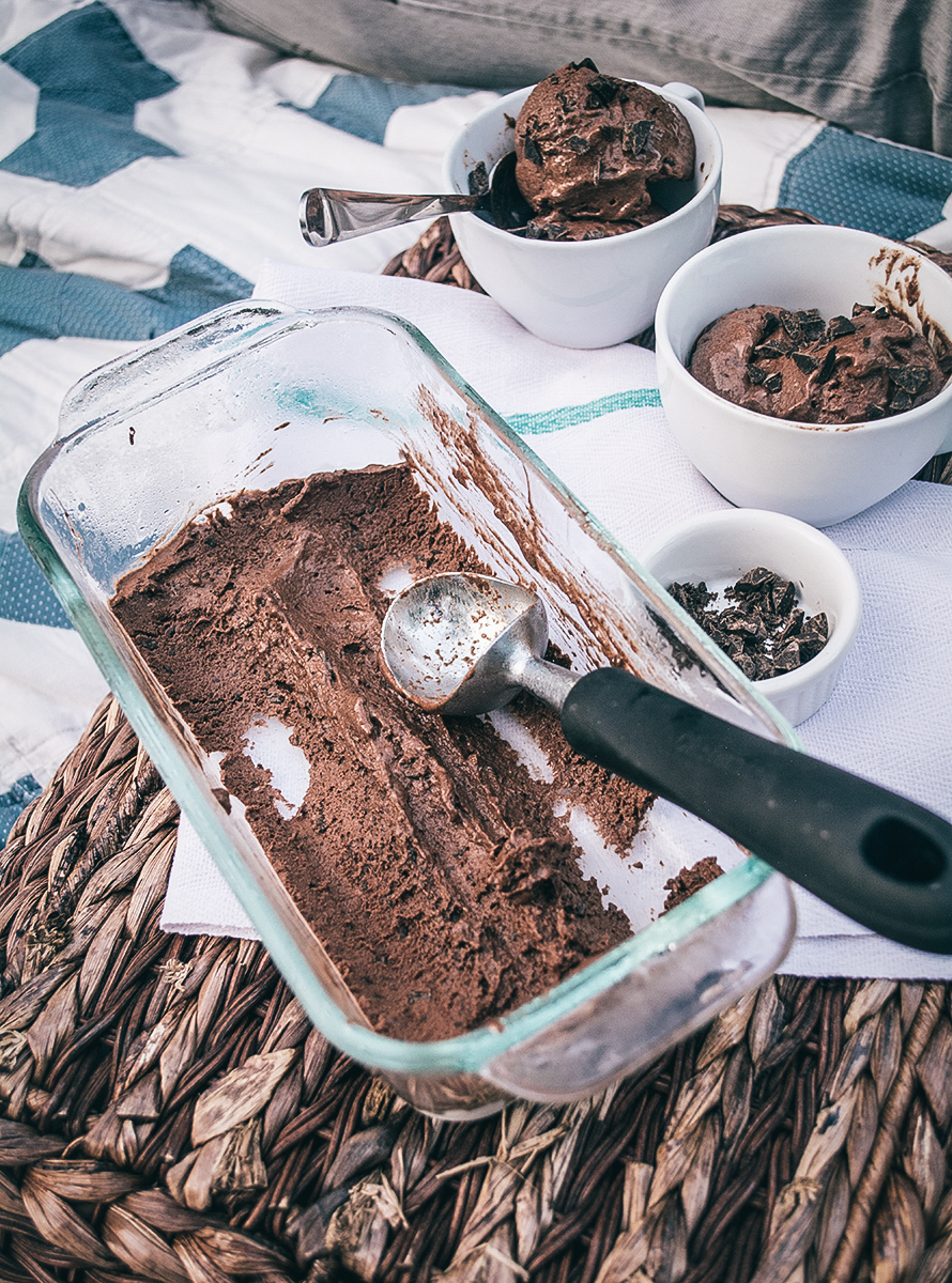 Dark Chocolate Chunk Ice Cream with Cayenne Lemons and Basil