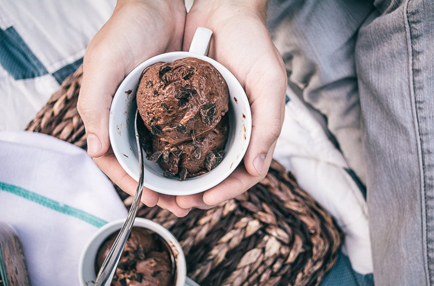 Dark Chocolate Chunk Ice Cream with Cayenne Lemons and Basil