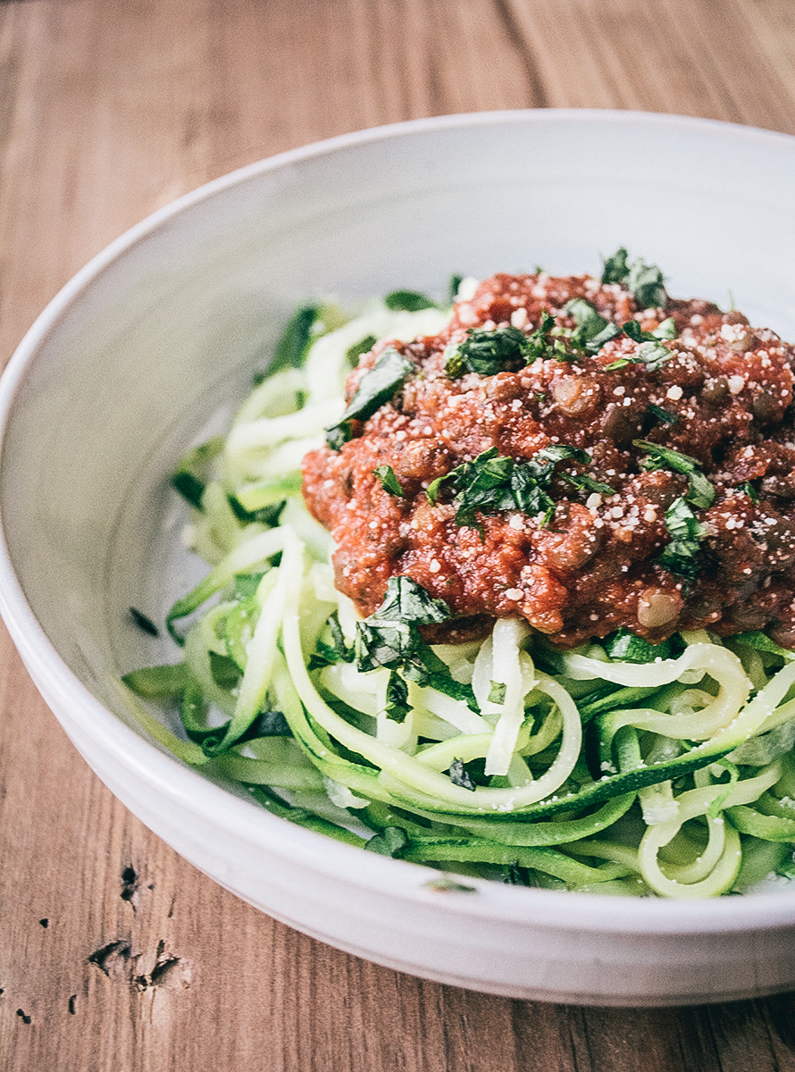 Zucchini Spaghetti with Lentil Marinara | Lemons and Basil