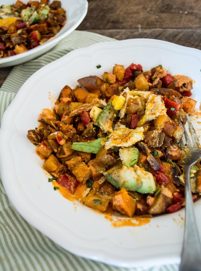 Roasted Veggie Breakfast Bowl with Fried Eggs + Sriracha | Lemons and Basil 