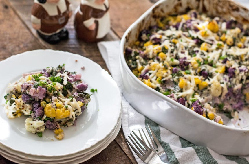 Cauliflower Quinoa and Kale Gratin + Sprouts Friendsgiving Lemons and