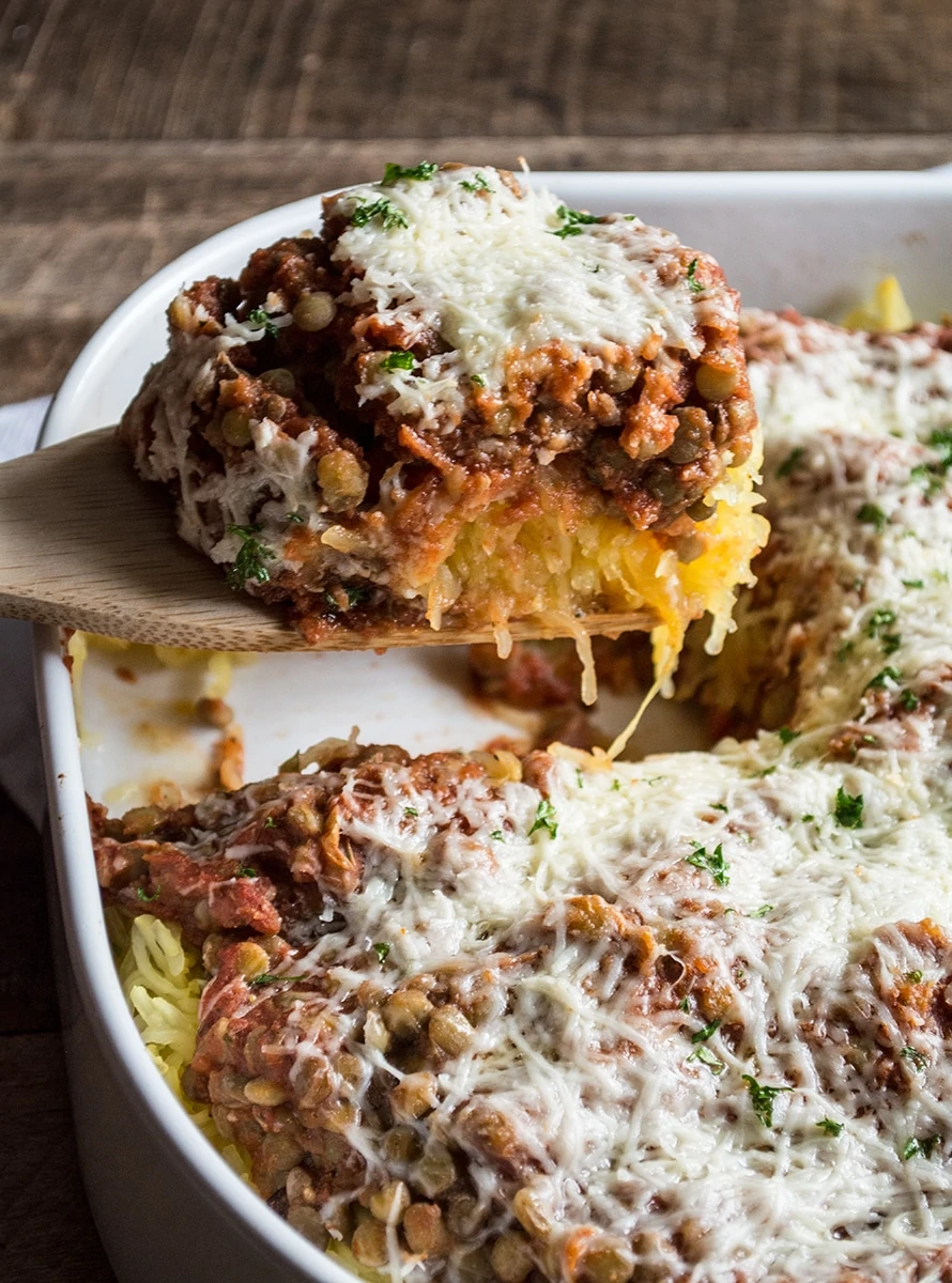 Baked Lentil Marinara Spaghetti Squash + Sprouts Bean Sale | Lemons and ...