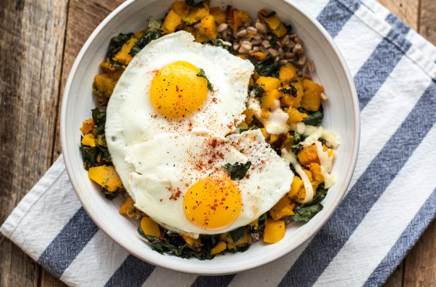 Butternut Squash Kale and Farro Bowl with Eggs Lemons and Basil