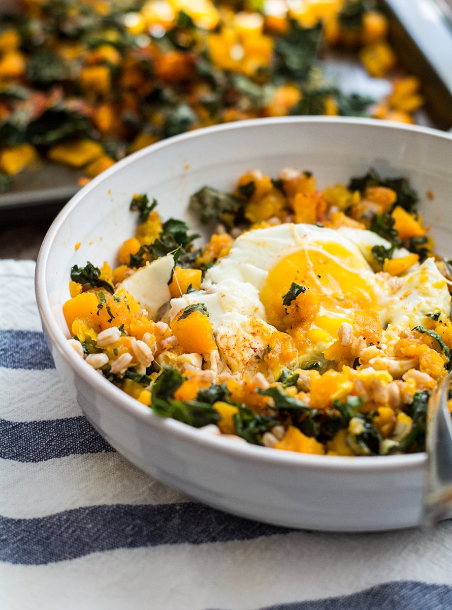 Butternut Squash Kale and Farro Bowl with Eggs | Lemons and Basil