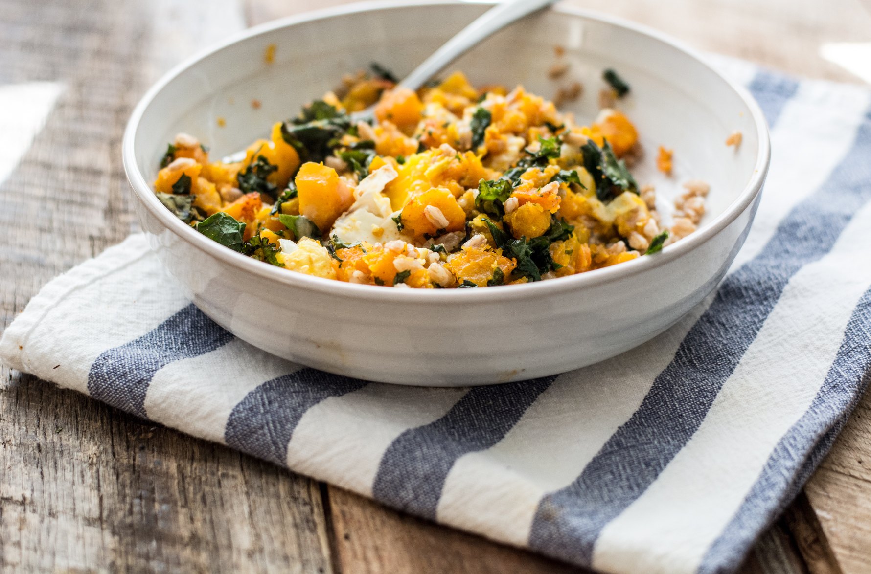 Butternut Squash Kale and Farro Bowl with Eggs | Lemons and Basil
