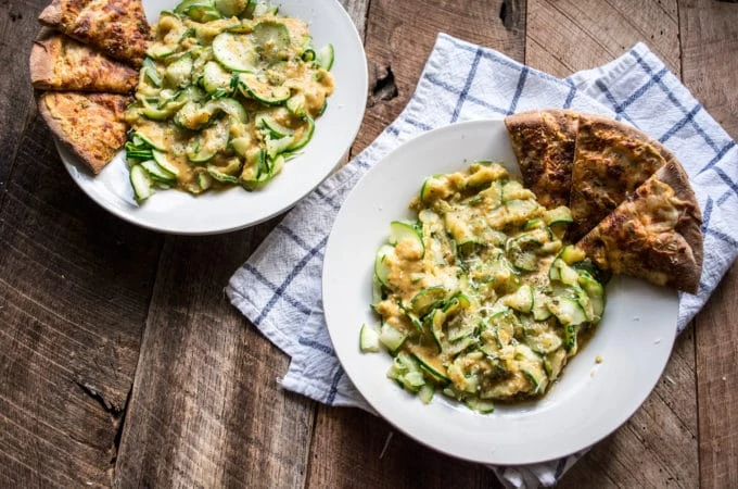 White Bean Creamy Alfredo with Zucchini Pasta | Lemons and Basil