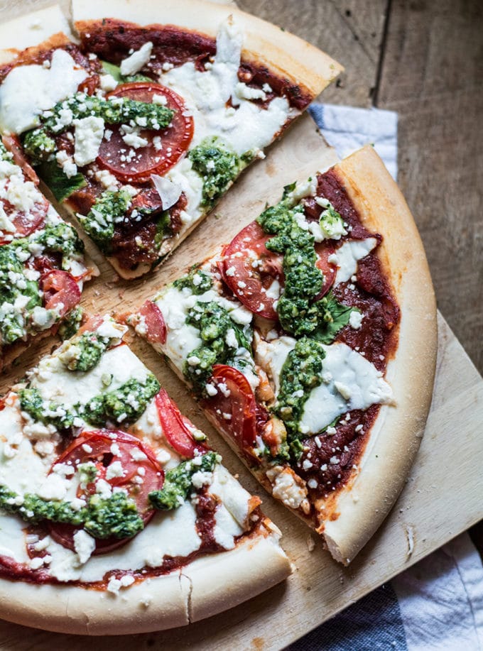 GlutenFree Three Cheese Sundried Tomato Pizza with Pesto Lemons and
