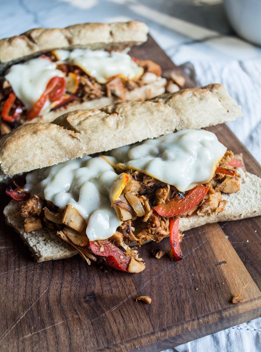 Vegetarian BBQ Jackfruit Sandwich with Caramelized Veggies Lemons and