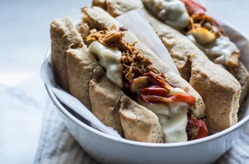 Vegetarian BBQ Jackfruit Sandwich with Caramelized Veggies Lemons and