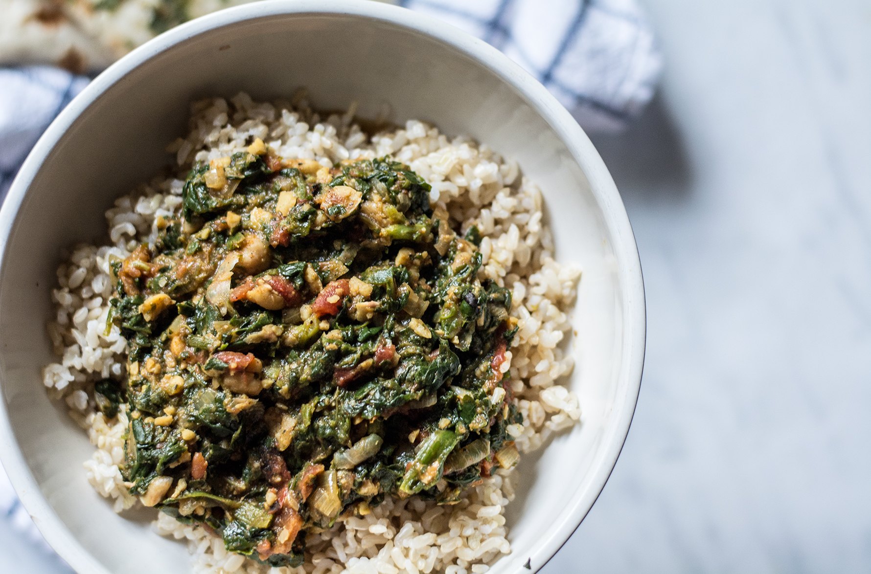 Spinach Masala with Organic Brown Rice and Naan Bread | Lemons and Basil 