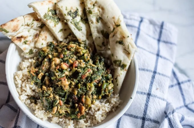 Spinach Masala with Organic Brown Rice and Naan Bread | Lemons and Basil