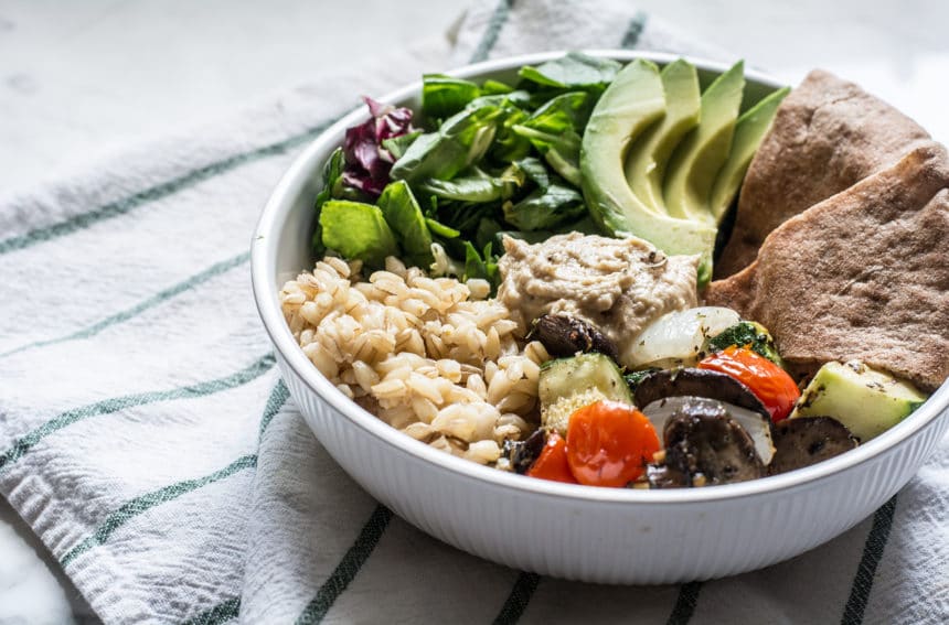 Roasted Veggie Grain Bowl with Avocado and Hummus Lemons and Basil