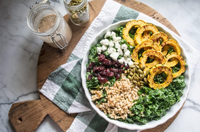 Kale Salad with Roasted Delicata Squash and Barley | Lemons and Basil
