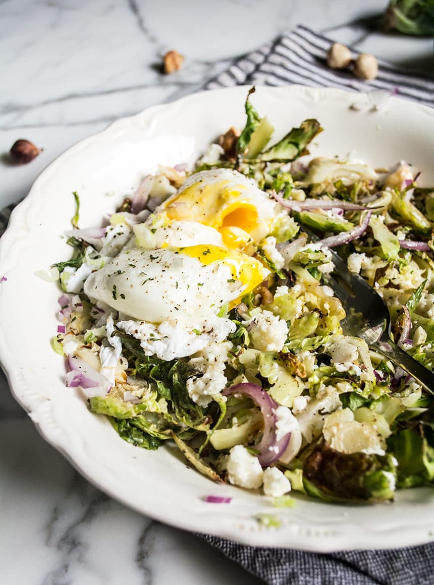 Brussels Sprouts Breakfast Bowl with Poached Eggs Lemons and Basil