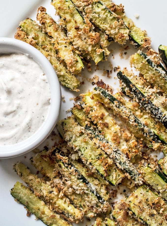 Baked Parmesan Zucchini Fries with Garlic Aioli Lemons and Basil