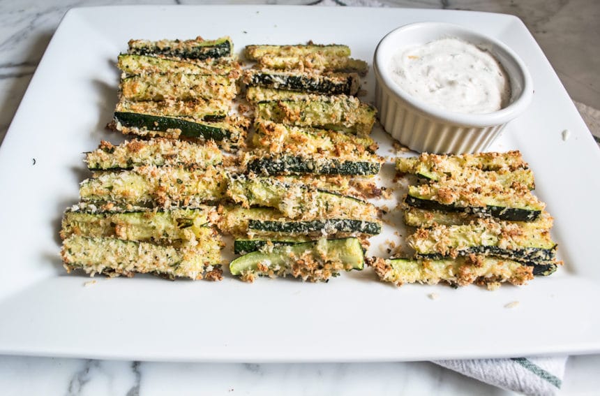 Baked Parmesan Zucchini Fries with Garlic Aioli Lemons and Basil