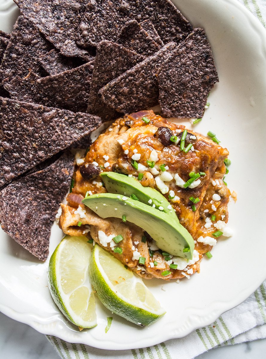 Healthy Pumpkin Black Bean Enchilada Casserole | Lemons and Basil