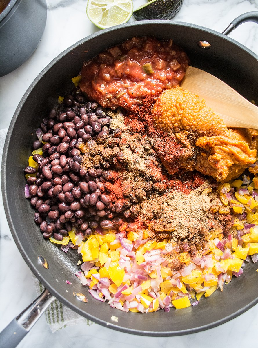 Healthy Pumpkin Black Bean Enchilada Casserole | Lemons and Basil