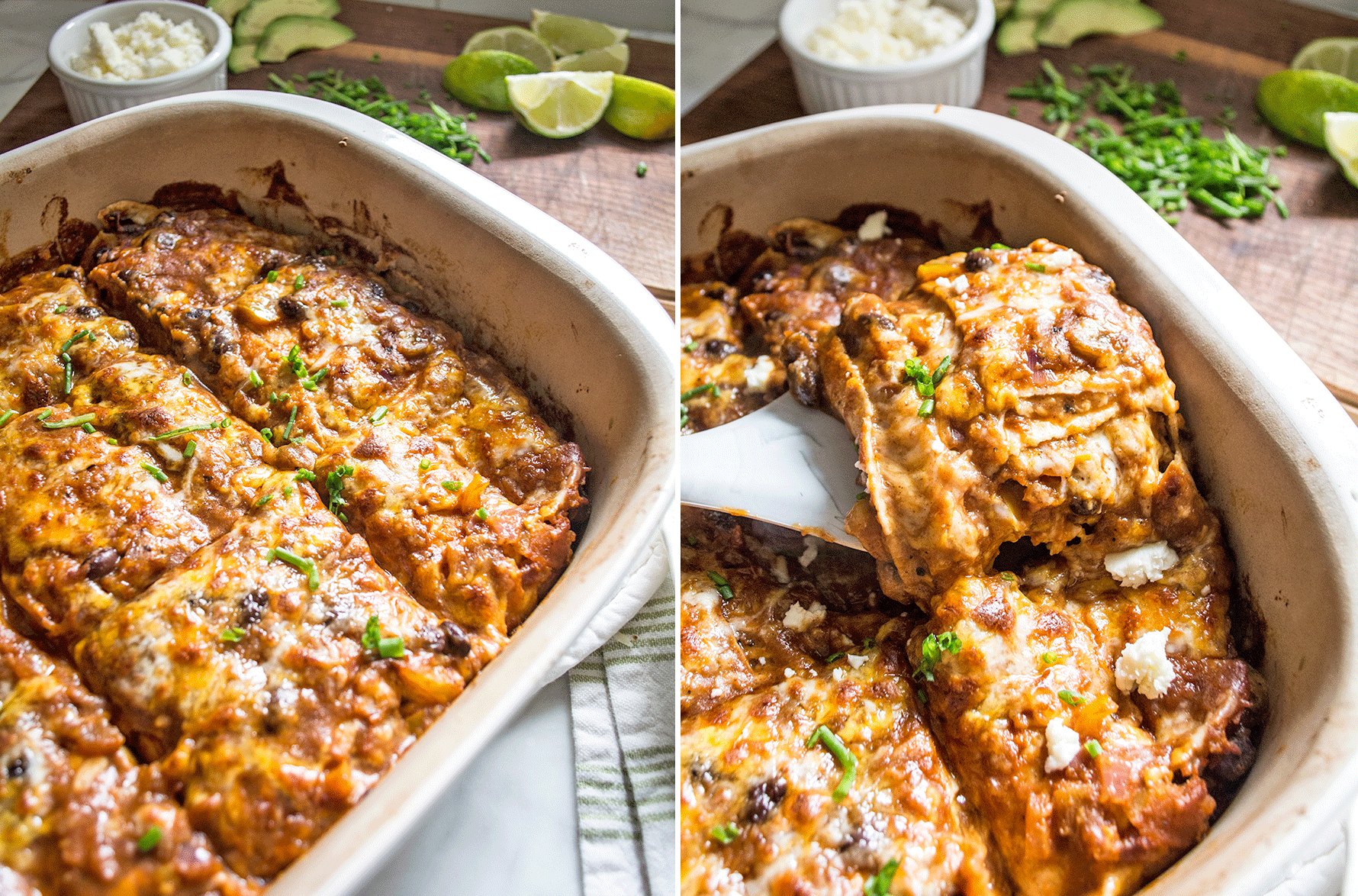 Healthy Pumpkin Black Bean Enchilada Casserole | Lemons and Basil