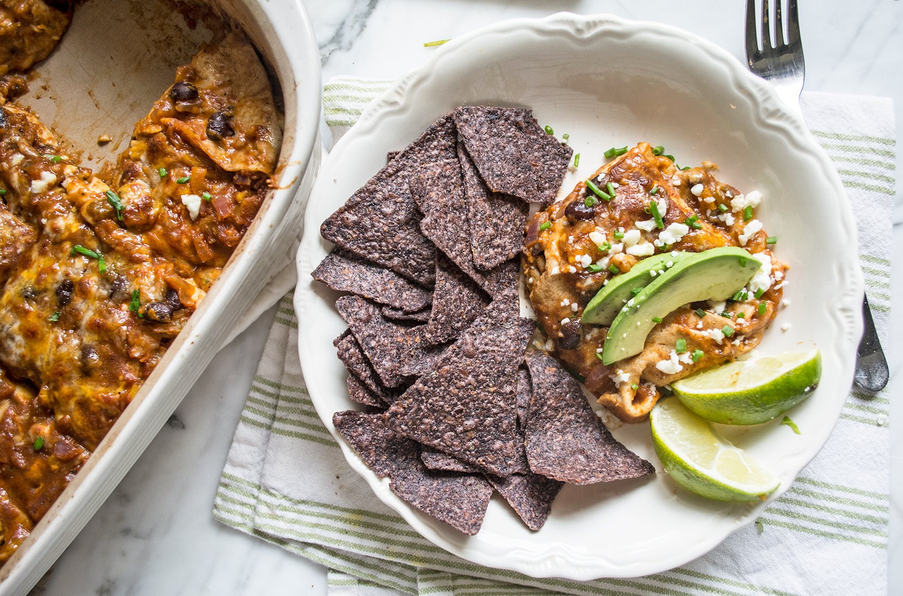 Healthy Pumpkin Black Bean Enchilada Casserole | Lemons and Basil