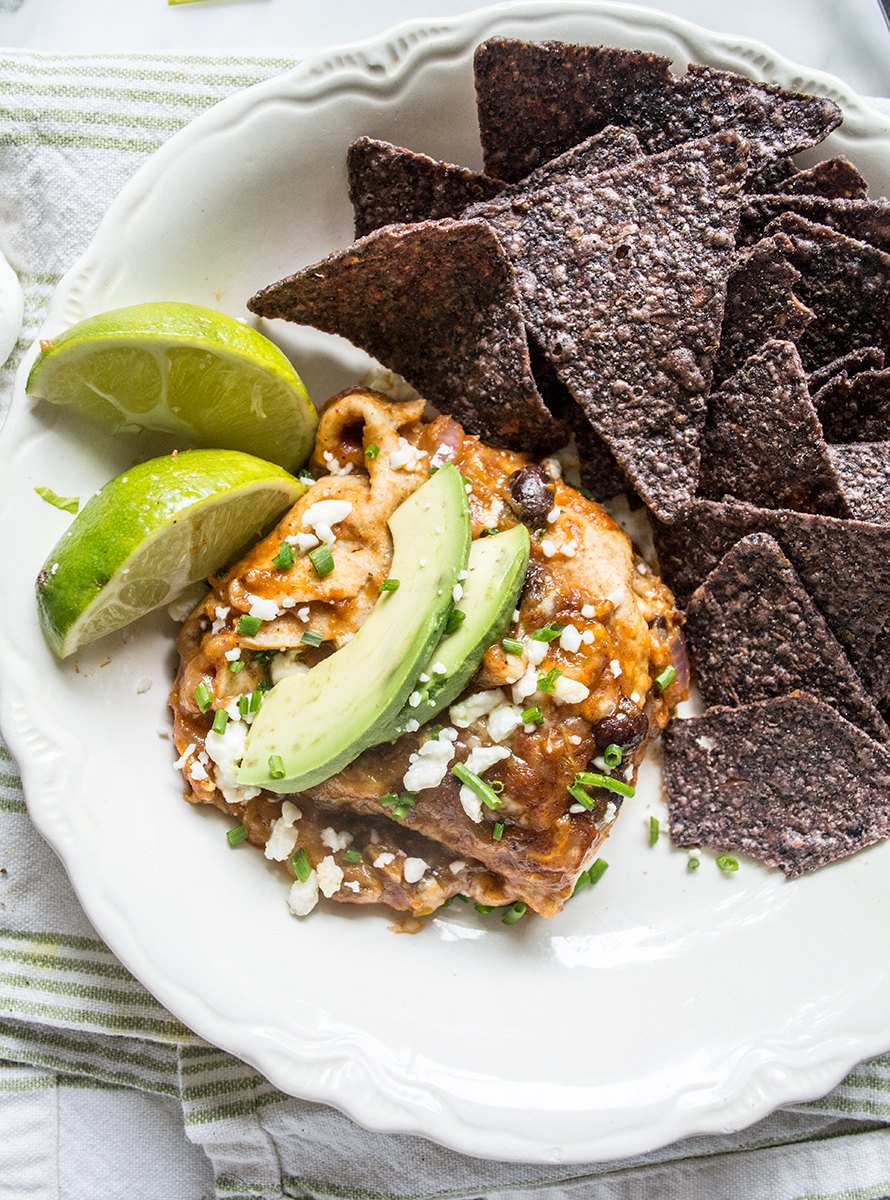 Healthy Pumpkin Black Bean Enchilada Casserole | Lemons and Basil