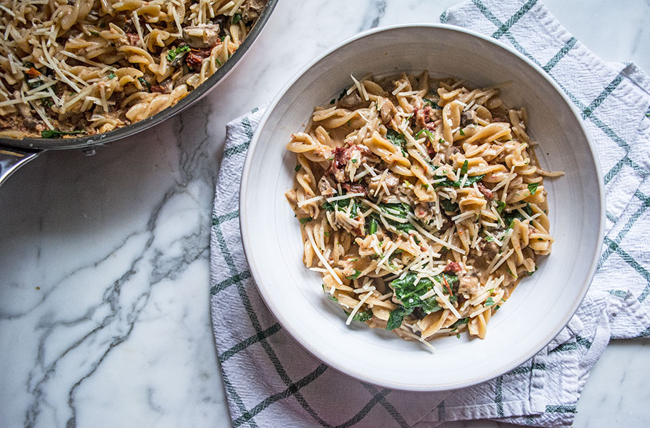 Creamy Sun-Dried Tomato and Mushroom Chickpea Pasta | Lemons and Basil