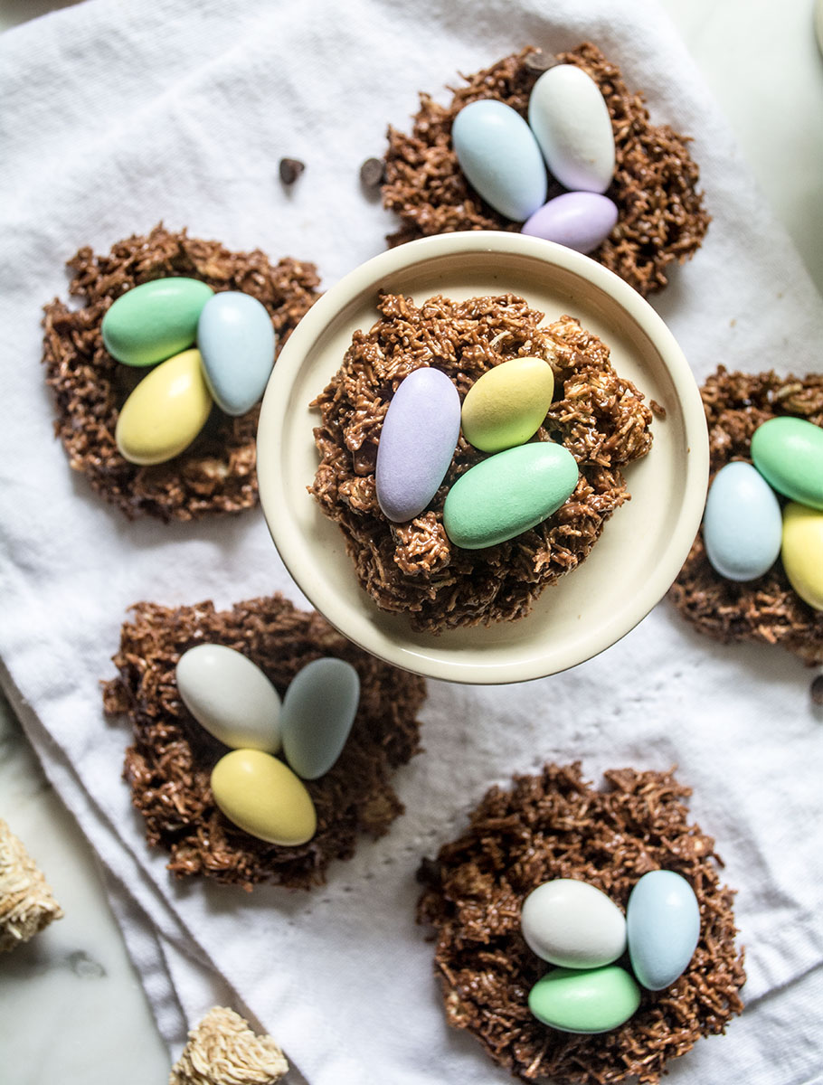 No-Bake Chocolate Peanut Butter Bird's Nest Cookies | Lemons and Basil